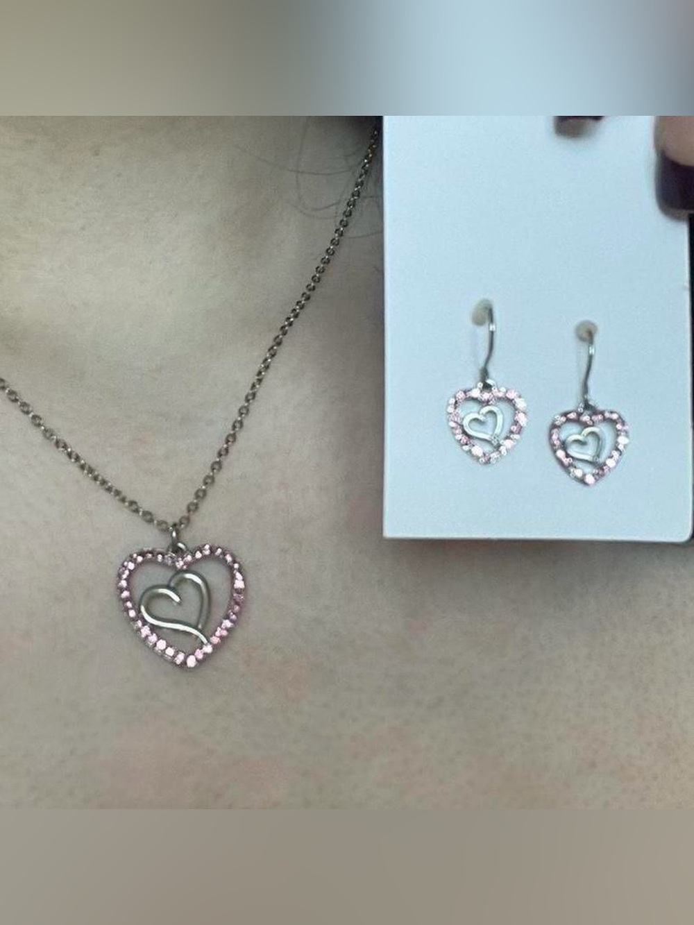 Heart Pendant Necklace and Earrings Set in Pink Crystals